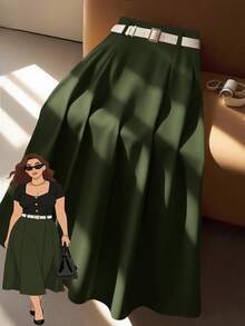 GlowEve CURVE Plus Solid Fold Pleated Cinched Waist Skirt Fall - Army Green - View 1