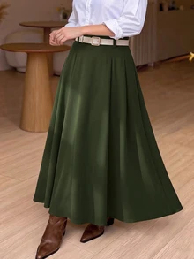 GlowEve CURVE Plus Solid Fold Pleated Cinched Waist Skirt Fall - Army Green - View 9