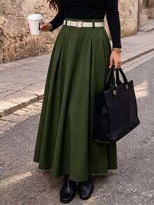 GlowEve CURVE Plus Solid Fold Pleated Cinched Waist Skirt Fall - Army Green - View 3