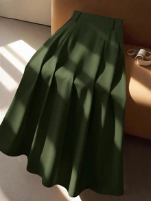 GlowEve CURVE Plus Solid Fold Pleated Cinched Waist Skirt Fall - Army Green - View 4