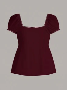 CovetEZ Plus Size 95% Cotton Summer Square Neck Puff Sleeve Tie Front Tee Burgundy Suitable For Summer - Burgundy - View 4