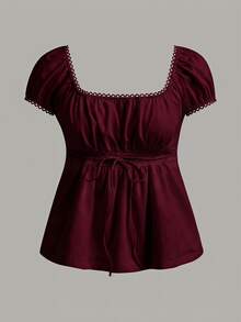 CovetEZ Plus Size 95% Cotton Summer Square Neck Puff Sleeve Tie Front Tee Burgundy Suitable For Summer - Burgundy - View 7