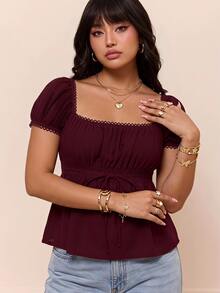 CovetEZ Plus Size 95% Cotton Summer Square Neck Puff Sleeve Tie Front Tee Burgundy Suitable For Summer - Burgundy - View 2