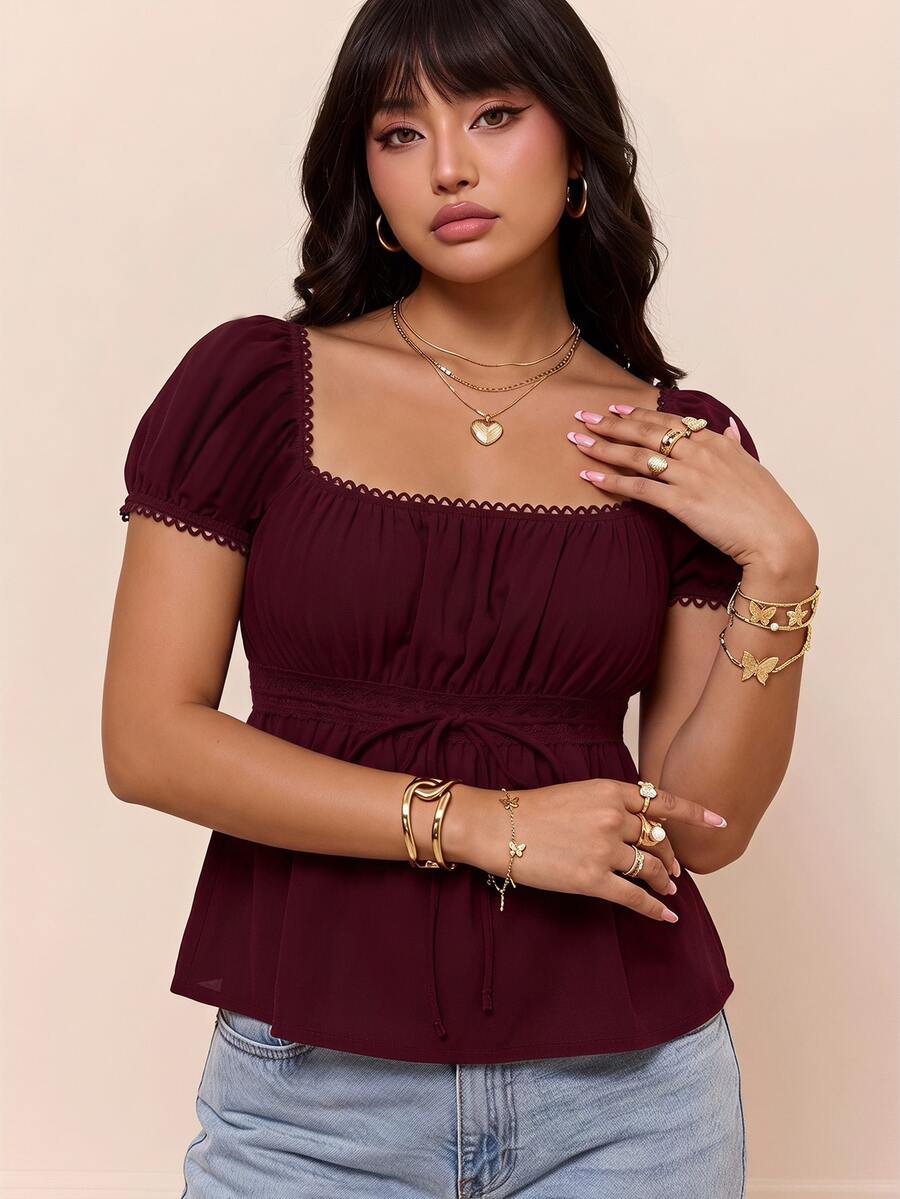 CovetEZ Plus Size 95% Cotton Summer Square Neck Puff Sleeve Tie Front Tee Burgundy Suitable For Summer