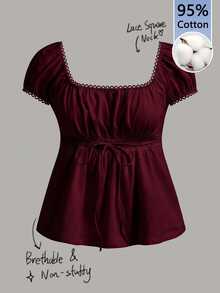 CovetEZ Plus Size 95% Cotton Summer Square Neck Puff Sleeve Tie Front Tee Burgundy Suitable For Summer - Burgundy - View 3