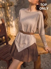 SHEIN MOD Women's Solid Color Casual Versatile Daily Wear Long Sleeve Sweater - Camel - View 2