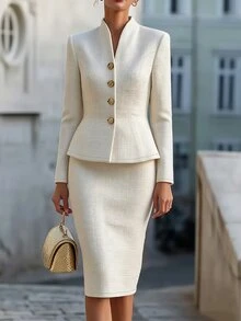 RosyDaze Women's Elegant White Tweed Stand Collar Ruffle Blazer And Mid-Length Pencil Skirt 2 Pieces Suit - Apricot - View 3