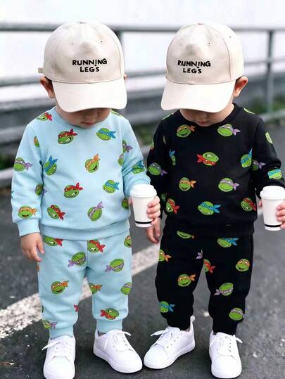 TEENAGE MUTANT NINJA TURTLES | SHEIN Baby Boy Cartoon Print 2 Pieces Set 4-Pack, Round Neck Long Sleeve Sweatshirt And Cuffed Long Pants T-Set, Casual Outfit For Spring And Autumn