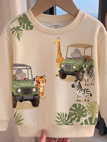 1 Pc Baby Boys Casual Pullover Sweatshirt, Printed With Classic Cute Zoo Sightseeing Bus Pattern, Suitable For Autumn/Winter With Thermal Lined - Multicolor - View 4