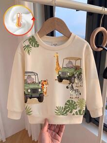 1 Pc Baby Boys Casual Pullover Sweatshirt, Printed With Classic Cute Zoo Sightseeing Bus Pattern, Suitable For Autumn/Winter With Thermal Lined - Multicolor - View 5
