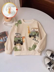 1 Pc Baby Boys Casual Pullover Sweatshirt, Printed With Classic Cute Zoo Sightseeing Bus Pattern, Suitable For Autumn/Winter With Thermal Lined - Multicolor - View 2