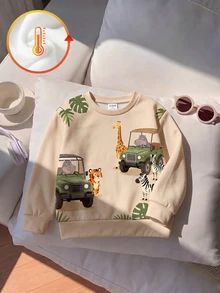 1 Pc Baby Boys Casual Pullover Sweatshirt, Printed With Classic Cute Zoo Sightseeing Bus Pattern, Suitable For Autumn/Winter With Thermal Lined - Multicolor - View 1