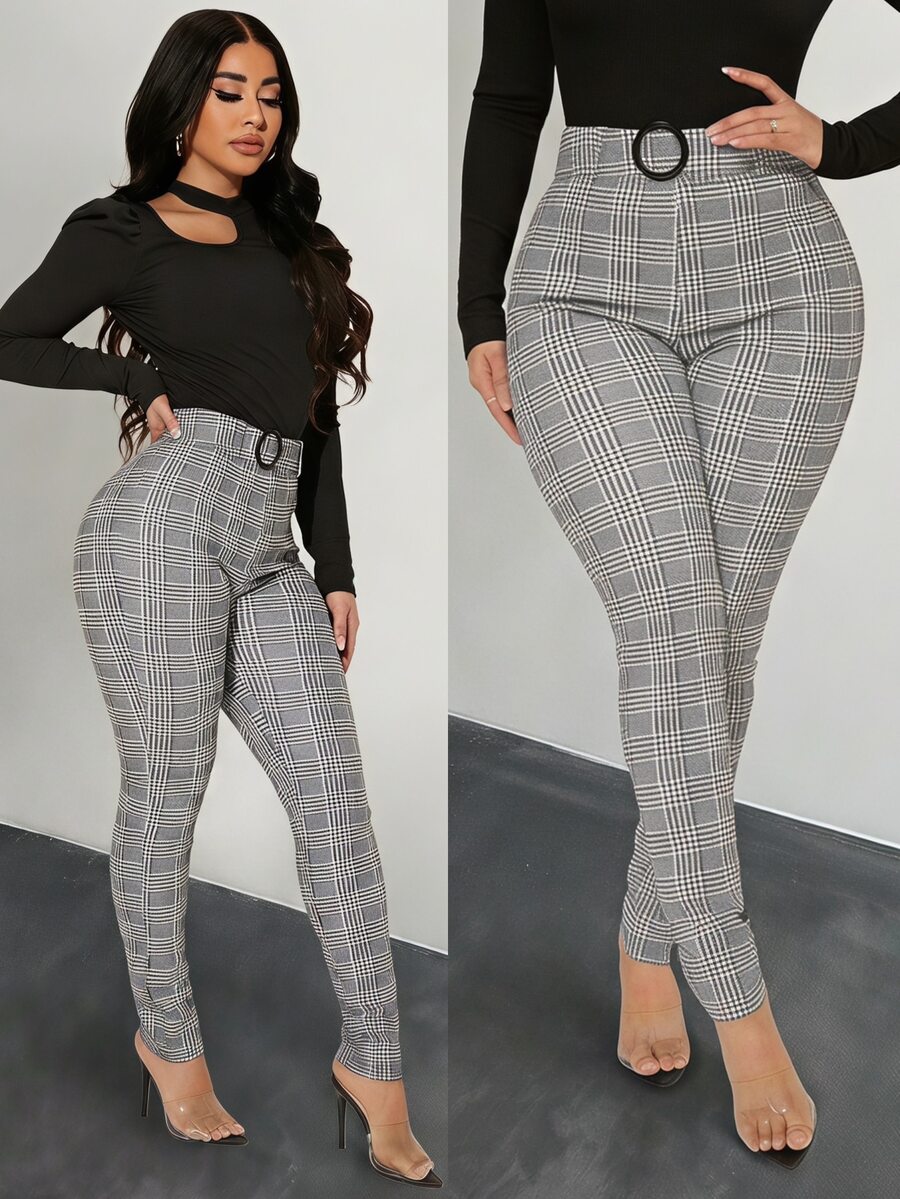SHEIN SXY Sexy High Waist Glen Plaid Belted Pants - Multicolor - View 1