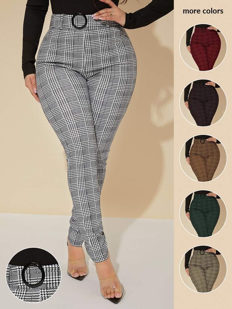 SHEIN SXY Sexy High Waist Glen Plaid Belted Pants - Multicolor - View 7