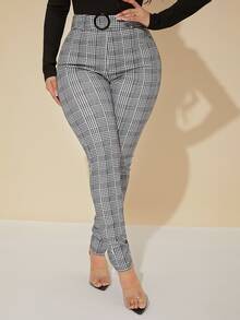 SHEIN SXY Sexy High Waist Glen Plaid Belted Pants - Multicolor - View 3