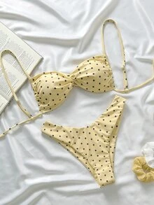 Elavelle Springbreak 女式波尔卡圆点随机印花细肩带扭纹高开叉性感比基尼套装，适合女性夏季沙滩装 - 彩色 - 查看 2