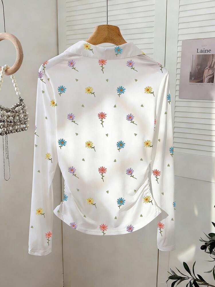 Resyla [Printed Design] White Floral Small Colorful Floral Collar Long-Sleeve Fitted Waist Top, Cute Autumn Casual Fashion T-Shirt, Mother's Day Gift For Mom Sisters, Date - White - View 2