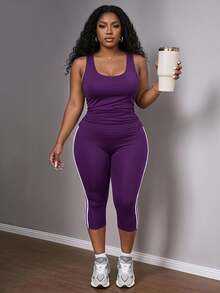 Slaydiva Women's Plus Size 2 Pieces Set: Slim Fit Sleeveless Tank Top With Ruched Waist And Slim Fit Capri Length Cycling Pants With Contrast Color Side Tape Splice, Navy Blue Knitted Elastic Fabric - Purple - View 1