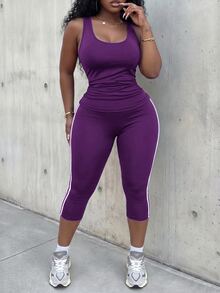 Slaydiva Women's Plus Size 2 Pieces Set: Slim Fit Sleeveless Tank Top With Ruched Waist And Slim Fit Capri Length Cycling Pants With Contrast Color Side Tape Splice, Navy Blue Knitted Elastic Fabric - Purple - View 4