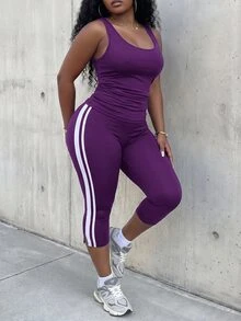 Slaydiva Women's Plus Size 2 Pieces Set: Slim Fit Sleeveless Tank Top With Ruched Waist And Slim Fit Capri Length Cycling Pants With Contrast Color Side Tape Splice, Navy Blue Knitted Elastic Fabric - Purple - View 3