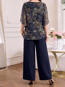 Amorya Women's Elegant Commute Floral Print Shirt & Pants 2 Pieces Set - Blue - View 2