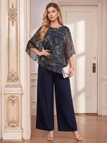Amorya Women's Elegant Commute Floral Print Shirt & Pants 2 Pieces Set - Blue - View 8