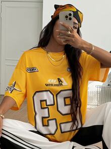Coolane Women's Streetwear Sports Blockcore Number Printed Mesh Jersey T-Shirt,Couple Same Style Y2k - Yellow - View 1