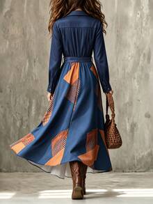 SHEIN Gaun Kemeja Lengan Panjang Elegan Motif Geometris Patchwork untuk Wanita - MultiWarna - View 2