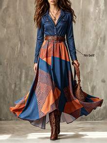 SHEIN Gaun Kemeja Lengan Panjang Elegan Motif Geometris Patchwork untuk Wanita - MultiWarna - View 4