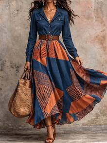 SHEIN Gaun Kemeja Lengan Panjang Elegan Motif Geometris Patchwork untuk Wanita - MultiWarna - View 1