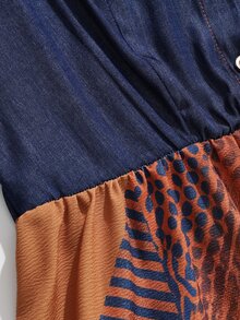 SHEIN Gaun Kemeja Lengan Panjang Elegan Motif Geometris Patchwork untuk Wanita - MultiWarna - View 5