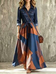 SHEIN Gaun Kemeja Lengan Panjang Elegan Motif Geometris Patchwork untuk Wanita - MultiWarna - View 3