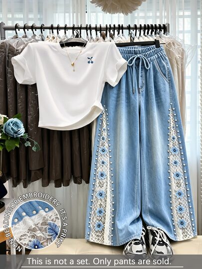 Resyla [Diseño Impreso] Pantalones casuales de pierna ancha con estampado de efecto denim floral de encaje para mujer
