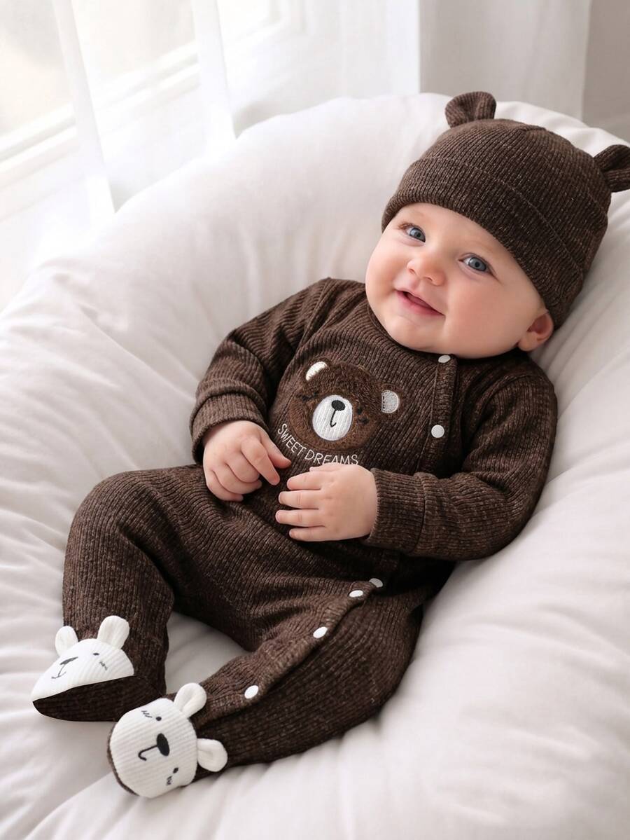 SHEIN 2pcs Newborn Baby Boy Romper Jumpsuit Cute Sweet Brown Bear Embroidered Waffle Knit 3D Ear Hat Footed Long Sleeve Holiday Fall Christmas Halloween Set - Brown - View 1