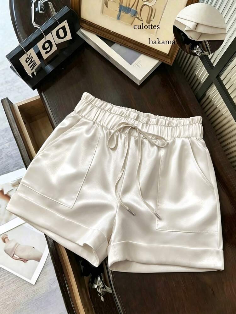 INAWLY Cream White Satin Wide Leg Shorts With Pockets, Elastic Waist And Rolled Hem, Casual Loose Fit, Wearable As Outerwear For Women - Apricot - View 3