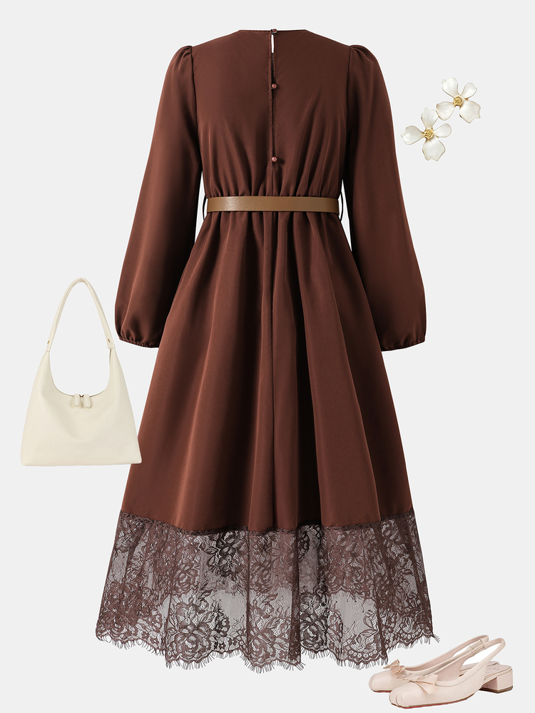 SHEIN Teen Girl Cute Thanksgiving Round Neck Pleated Long Sleeve Puff Sleeve Contrast Lace Dress + Belt Girls Brown Sister Outfit Prom Formal Dinner Autumn - Black - View 2