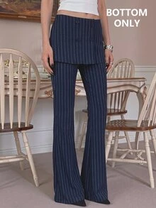 SHEIN MOD Blazer dan Celana Flare Kasual Bergaris untuk Wanita, Cocok untuk Perjalanan Sehari-hari - MultiWarna - View 3