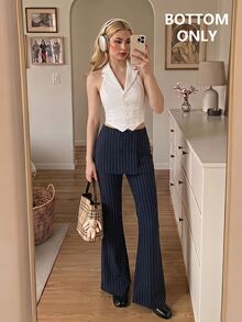 SHEIN MOD Blazer dan Celana Flare Kasual Bergaris untuk Wanita, Cocok untuk Perjalanan Sehari-hari - MultiWarna - View 6