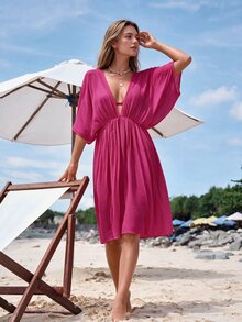 SHEIN Swim Women's Deep V-Neck Batwing Sleeve Cover-Up Dress, Suitable For Summer Vacation - Hot Pink - View 2