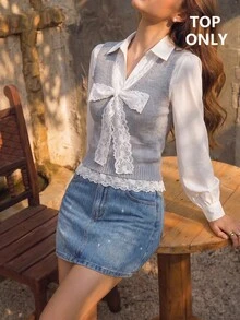 SHEIN MOD Grey Knit Vest With Lace Patchwork And Bow Everyday School Autumn Preppy Cute - Grey - View 1