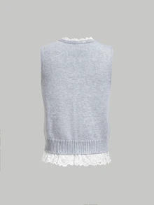 SHEIN MOD Grey Knit Vest With Lace Patchwork And Bow Everyday School Autumn Preppy Cute - Grey - View 4