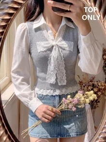 SHEIN MOD Grey Knit Vest With Lace Patchwork And Bow Everyday School Autumn Preppy Cute - Grey - View 3