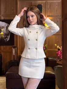 SHEIN ICON 女款收腰翻領蝴蝶結設計優雅風西裝套裝 - 白色 - 查看 3