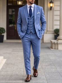 Manfinity Bizformal 男士兩件套西裝，優雅灰藍色西裝外套與長褲，商務休閒婚禮正式賓客舞會西裝，秋季時尚翻領套裝，適合辦公穿著 - 藏蓝色 - 查看 8