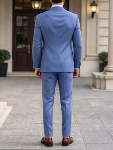 Manfinity Bizformal 男士兩件套西裝，優雅灰藍色西裝外套與長褲，商務休閒婚禮正式賓客舞會西裝，秋季時尚翻領套裝，適合辦公穿著 - 藏蓝色 - 查看 2