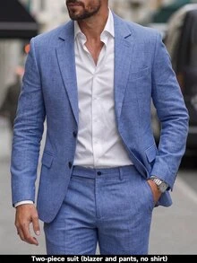 Manfinity Bizformal 男士兩件套西裝，優雅灰藍色西裝外套與長褲，商務休閒婚禮正式賓客舞會西裝，秋季時尚翻領套裝，適合辦公穿著 - 藏蓝色 - 查看 1