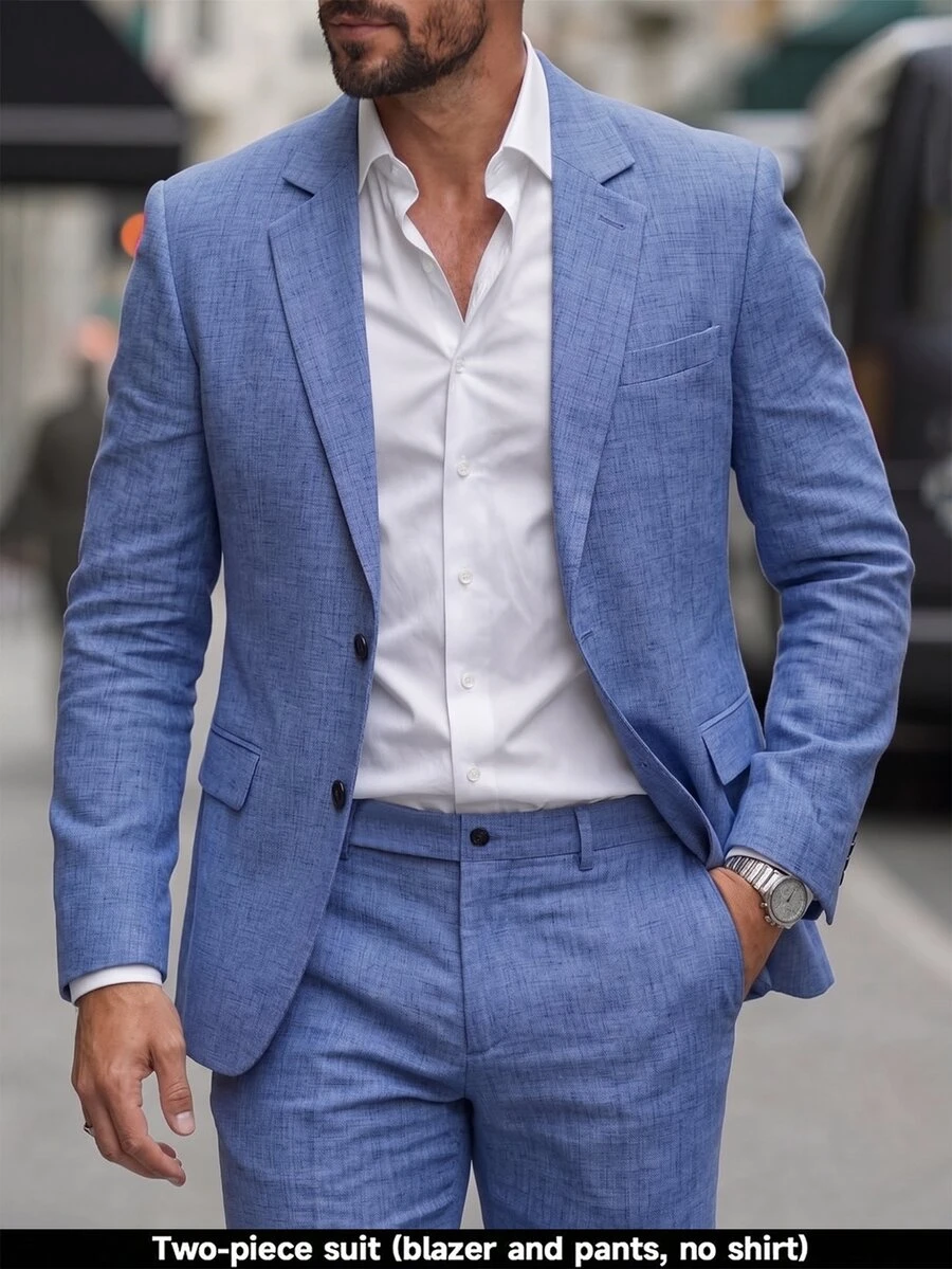 Manfinity Bizformal 男士兩件套西裝,優雅灰藍色西裝外套與長褲,商務休閒婚禮正式賓客舞會西裝,秋季時尚翻領套裝,適合辦公穿著 - 藏蓝色 - 查看 1