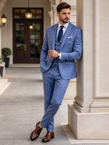 Manfinity Bizformal 男士兩件套西裝，優雅灰藍色西裝外套與長褲，商務休閒婚禮正式賓客舞會西裝，秋季時尚翻領套裝，適合辦公穿著 - 藏蓝色 - 查看 6
