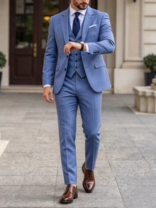Manfinity Bizformal 男士兩件套西裝，優雅灰藍色西裝外套與長褲，商務休閒婚禮正式賓客舞會西裝，秋季時尚翻領套裝，適合辦公穿著 - 藏蓝色 - 查看 4
