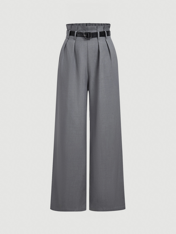 SHEIN MOD Grey Belt Loose Wide Leg Suit Pants Office Work Summer Casual - Light Grey - View 5